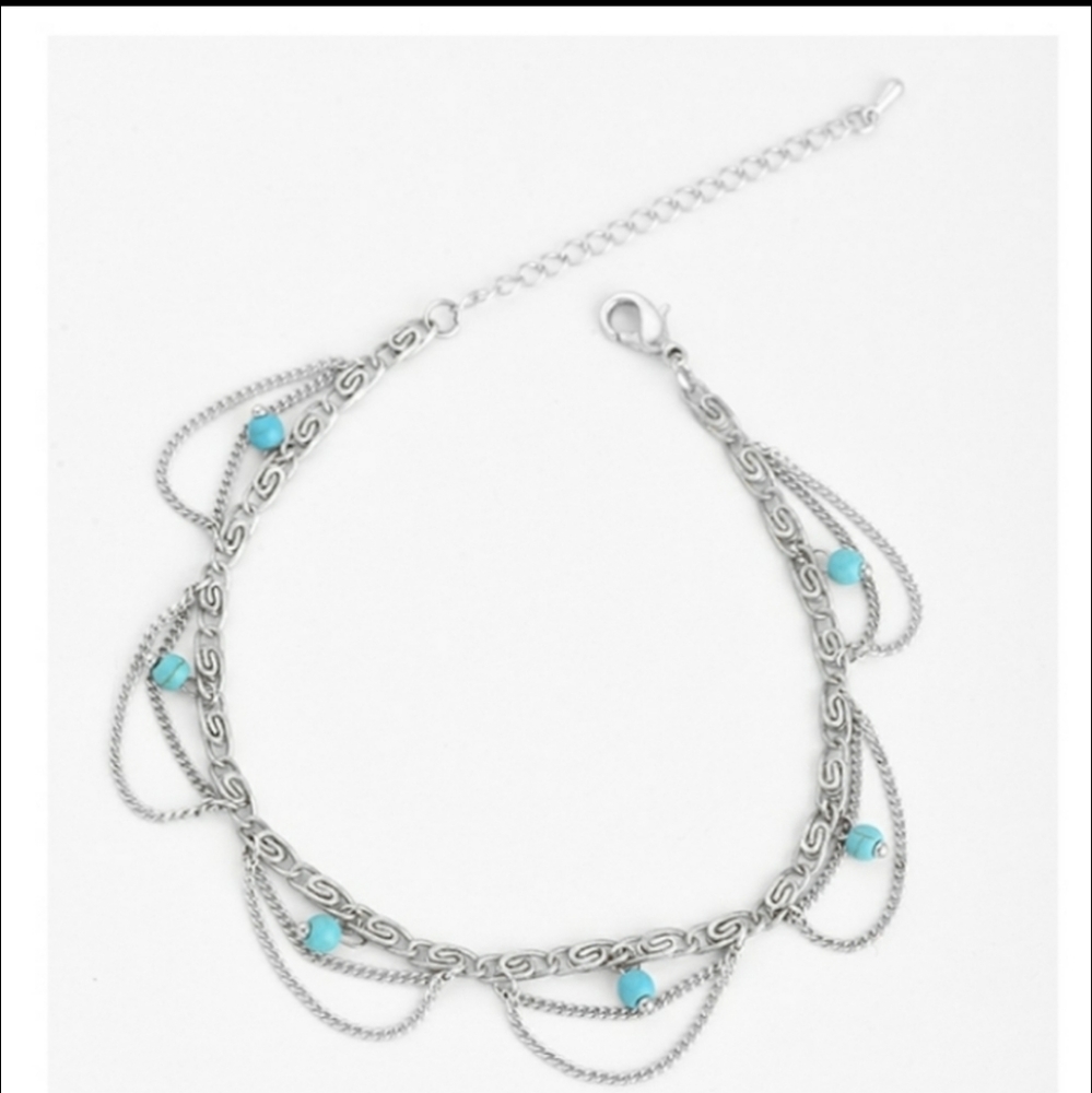 Chain link looped anklet with turquoise accent - Picture 6 of 7